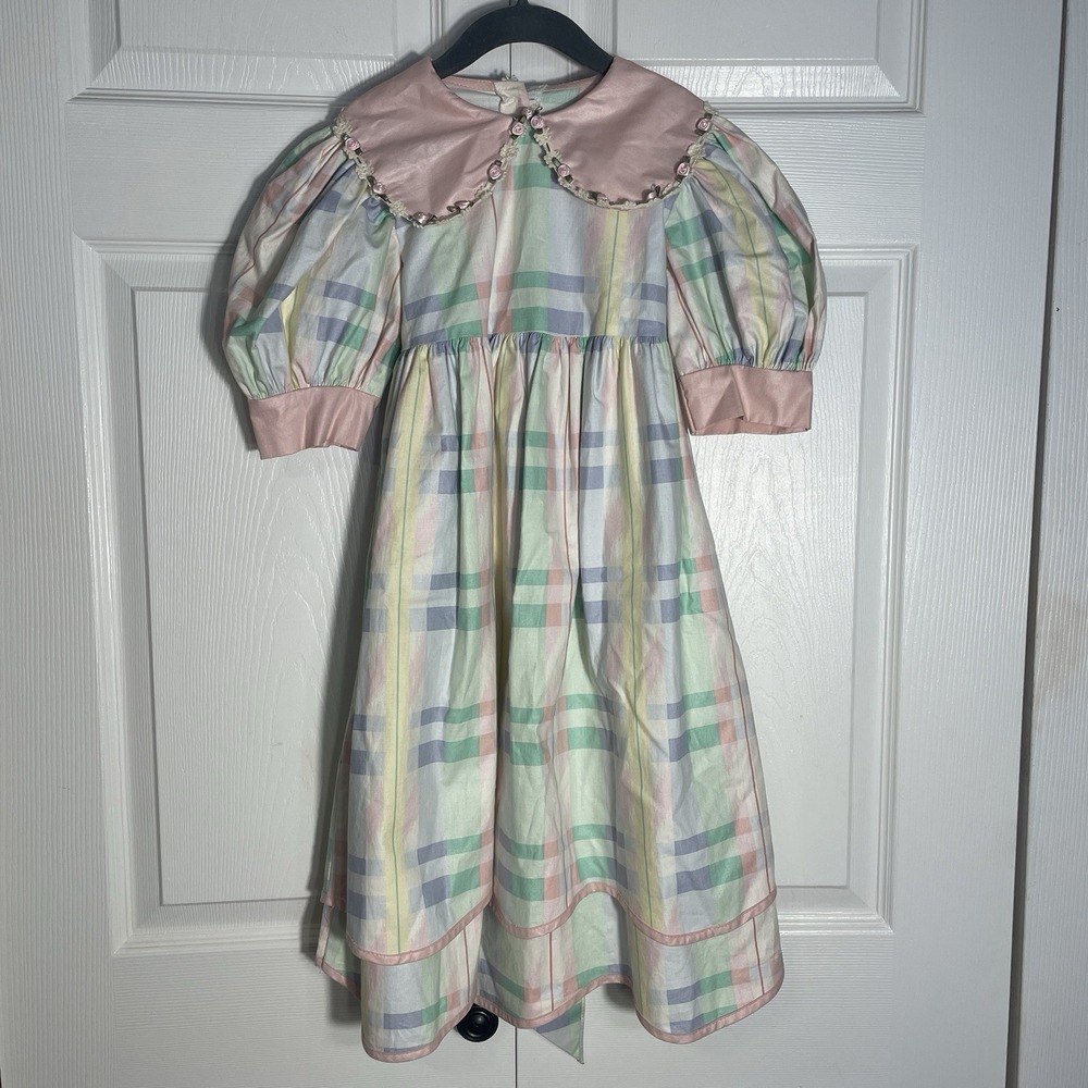 Vintage Sarah Kent Dress Girls 6X Pastel Plaid Pink‎ Collar Rose 80s Cottagecore